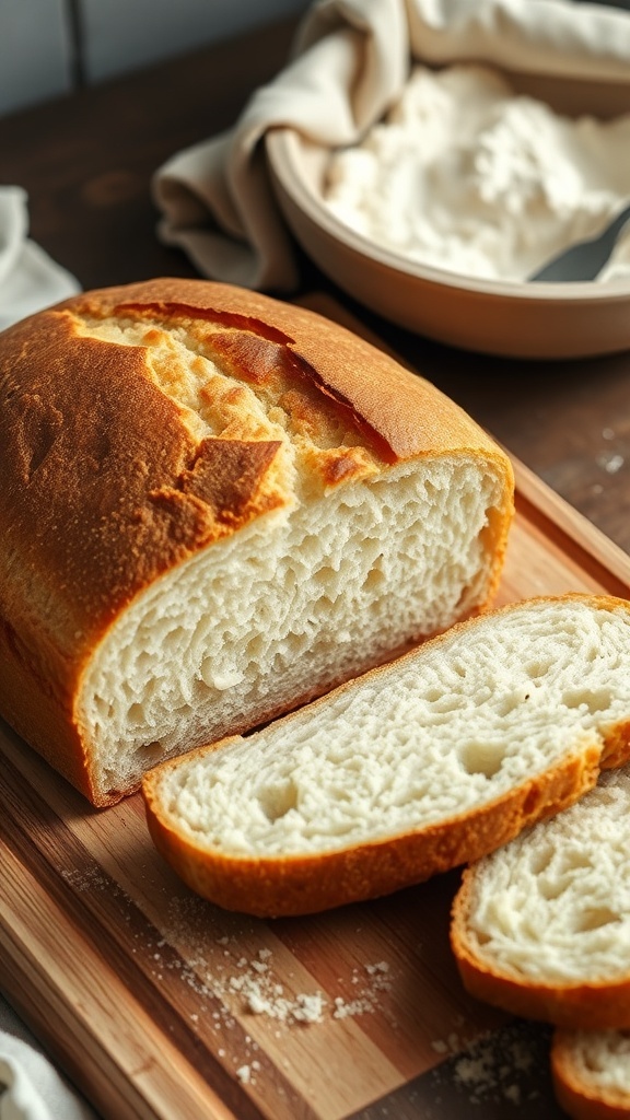 A golden-brown loaf of sourdough bread sliced to show its airy texture on a wooden cutting board.